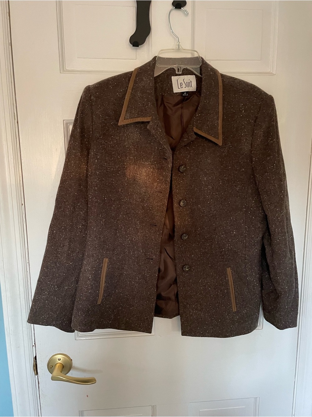 Vintage 90s Le Suit Brown Tweed Blazer with Contrast Trim